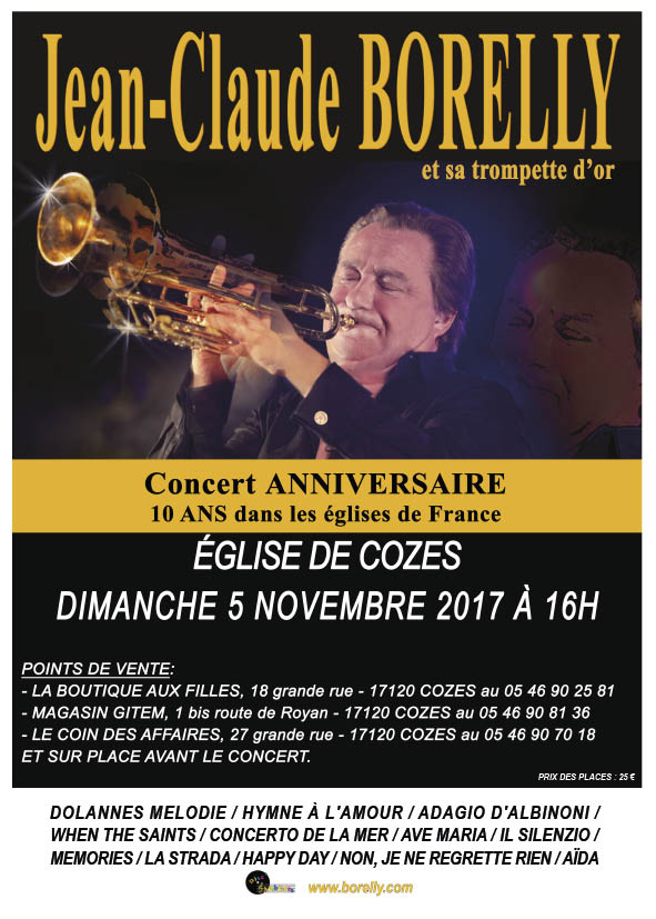 Concert de Jean-Claude Borelly à l’église de Cozes à 16 heures, le dimanche 5 novembre
